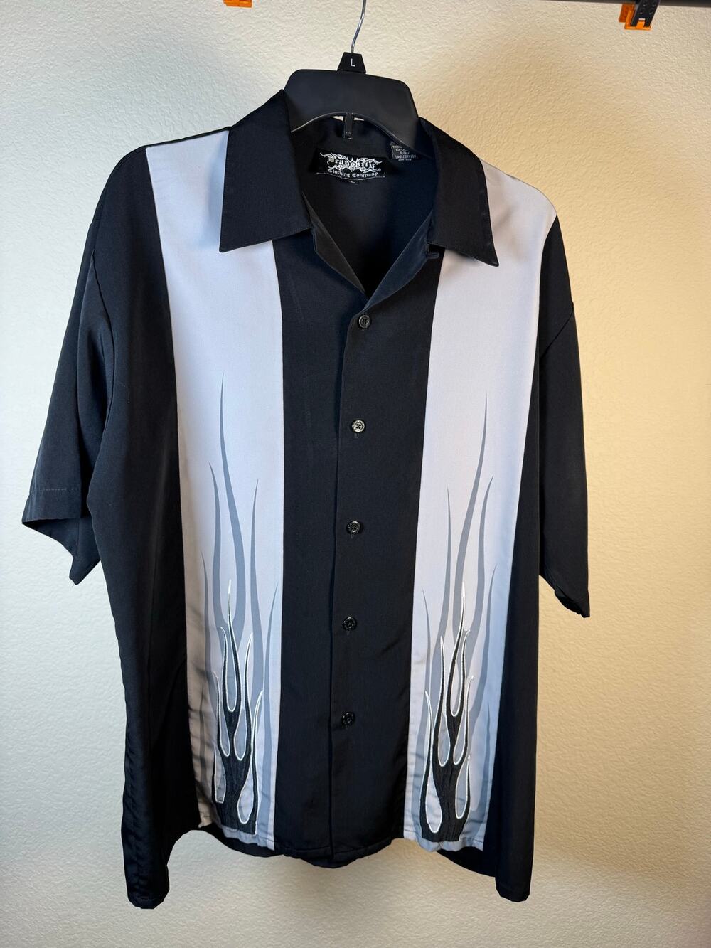 Dragonfly Vintage Y2K Short Sleeve Flame Graphic Button Up Shirt Black Gray L